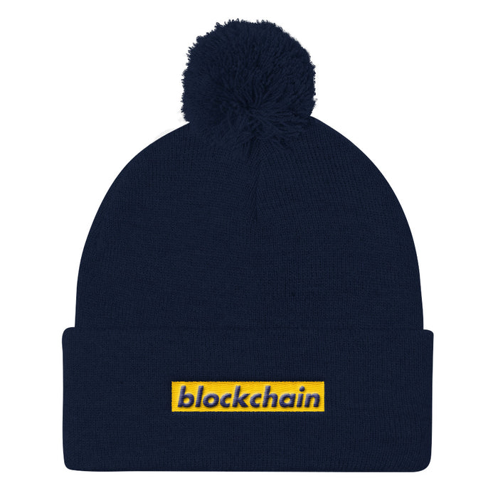 Blockchain Box Logo - Pom Pom Knit Cap Navy/Gold